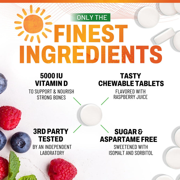 Vitamin D3 5000iu (125 mcg) Immune Health Support - High Potency Vitamin D Dietary Supplement for Bone, Teeth, Muscle - Nature's VIT D, Vegan, Gluten Free, Raspberry Flavor - 60 Chewable Tablets