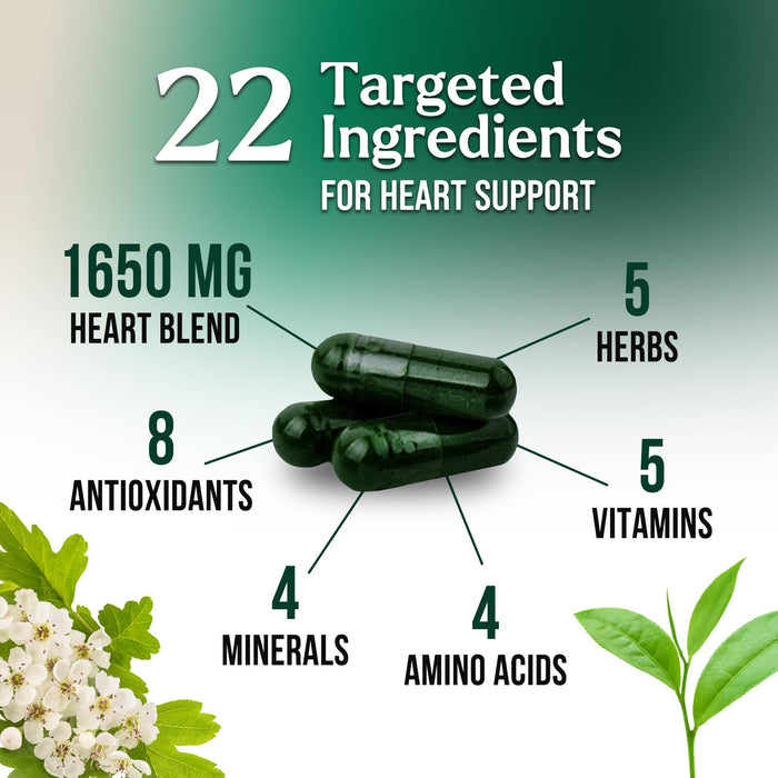 Heart Supplements for Men & Women 1650mg - Antioxidants for Heart Health Support with CoQ10, Hawthorn, Plant Sterol & More Vitamins to Support Nitric Oxide & Energy Production, Non-GMO - 60 Capsules