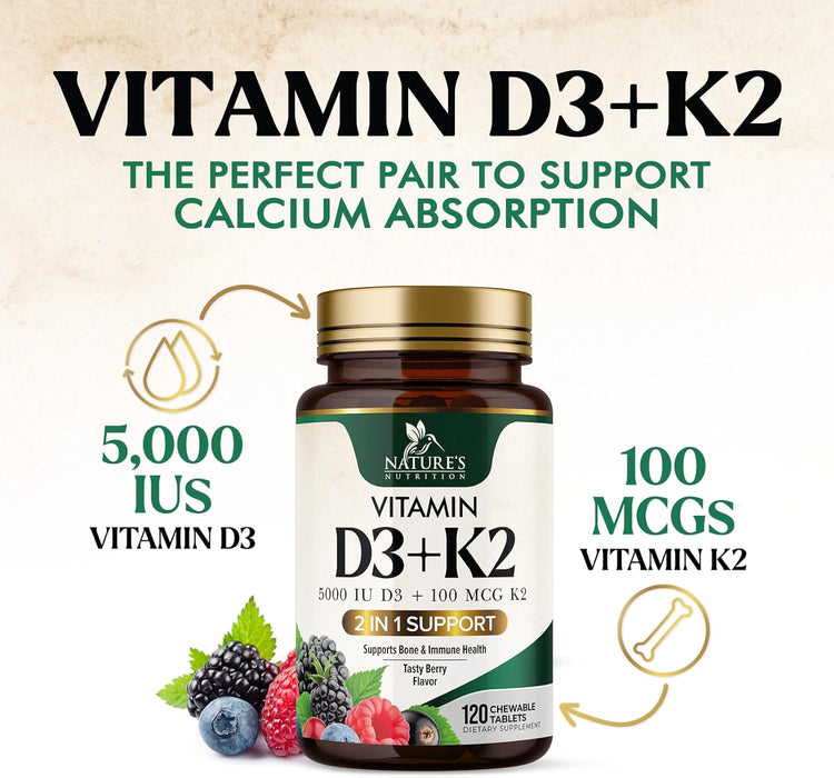 Vitamin D3 K2 Supplement | 5000 IU D3 + K2 100 mcg | MK-7 K2 with Vitamin D | Supports Immune, Heart, Teeth & Bone Health - Nature's Easy to Chew, VIT D3 K2, Non-GMO, Tasty Berry Flavor - 120 Tablets