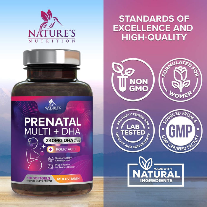 Prenatal Vitamins with Folic Acid & DHA, Fetal Brain Development Support with Folate & Omega 3's, Prenatal Multivitamin for Women, Vitamin A, C, D, B6, B12 & Iron, Pregnancy Supplement - 120 Softgels