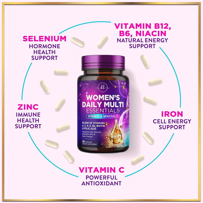 Multivitamin for Women - 3X Strength Daily Women Multivitamin, Vitamins A, D, C, E, Biotin, Folic Acid, Calcium, & Iron, Complete Multi Vitamin for Beautiful Hair & Skin, Bottled in USA, 60 Capsules