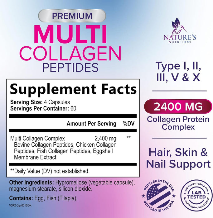 Multi Collagen Peptides Supplement - Hydrolyzed Types I, II, III, V & X Multi Collagen Pills, Hydrolyzed Collagen Peptides Supplements, Hair, Skin, Nail, and Joint Support Supplement, 240 Capsules