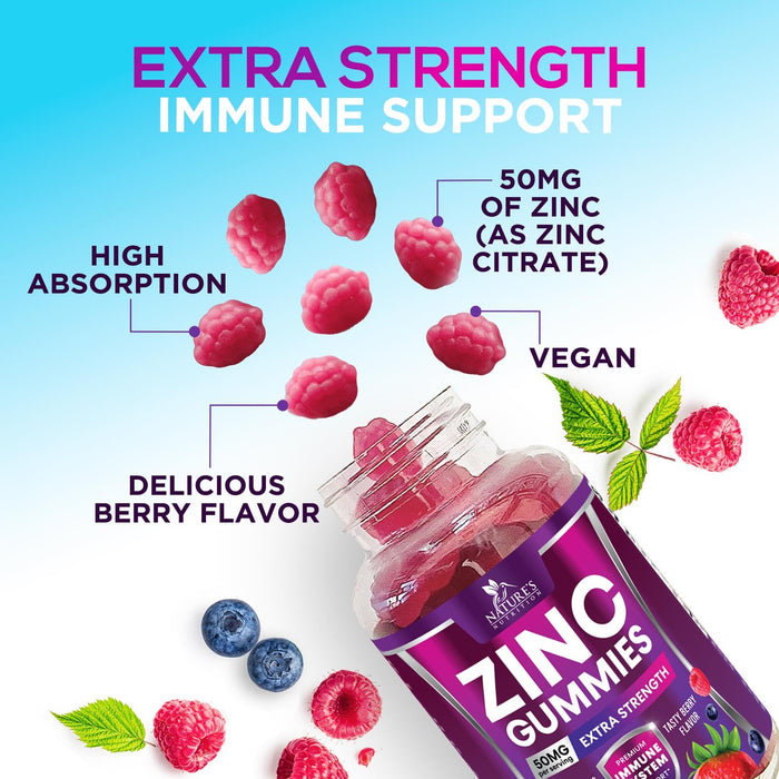 Zinc Gummies 50mg - Bone Skin & Immune Support Health Gummy & Premium Antioxidant Chewable for Adults - High Absorption Vegan, Gluten Free Zinc Supplements Vitamin - Tasty Berry Flavor - 60 Gummies