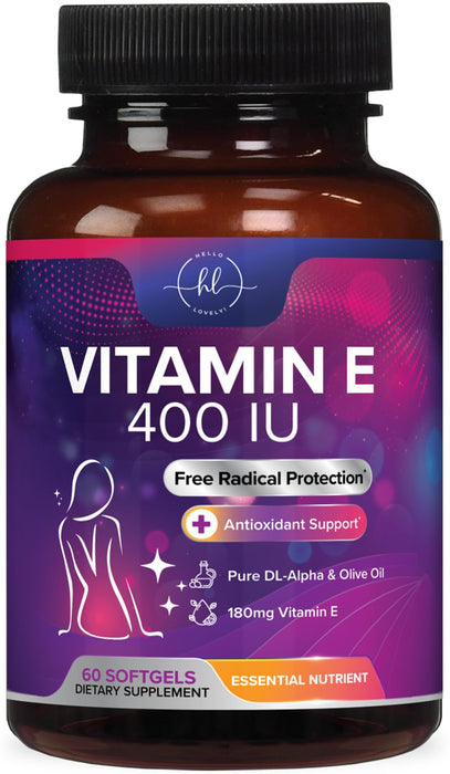 Vitamin E for Women and Men - 180 mg (400 IU) dl-Alpha - Powerful Antioxidant Dietary Supplement - Hair, Skin, & Immune Health Support - Easily Absorbed Form, Non-GMO & Gluten Free - 60 Softgels
