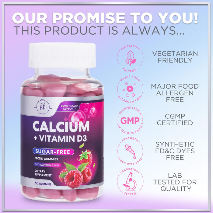 Calcium Supplements for Women - Sugar Free Calcium Gummies with Vitamin D3 for Bone Strength, Teeth & Immune Health Support, Natural Chews for Women & Men - Raspberry Flavored & Non-GMO - 60 Gummies