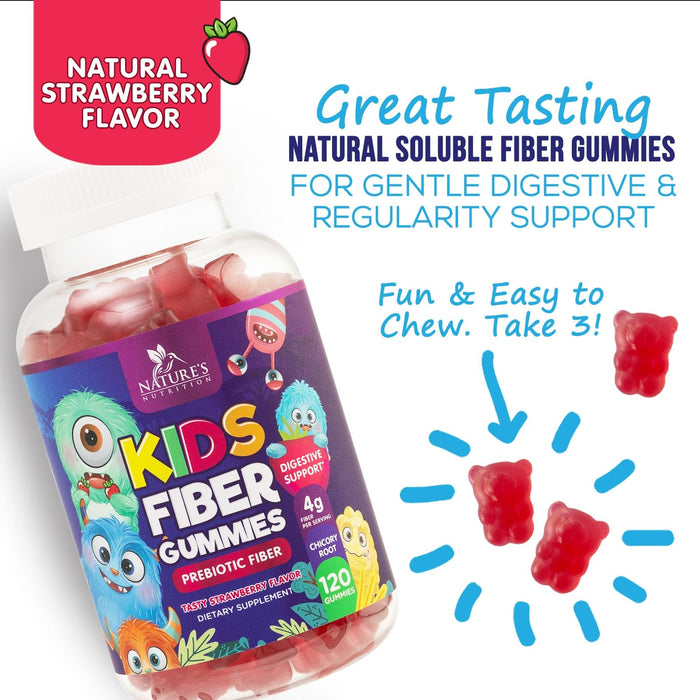 Fiber Gummies for Kids, Daily 4g Gummy Fiber Supplement, Prebiotic Digestive Health Support - Nature's Plant Based Soluble Fiber, Supports Regularity & Digestion for Kids Non-GMO - 120 Gummies