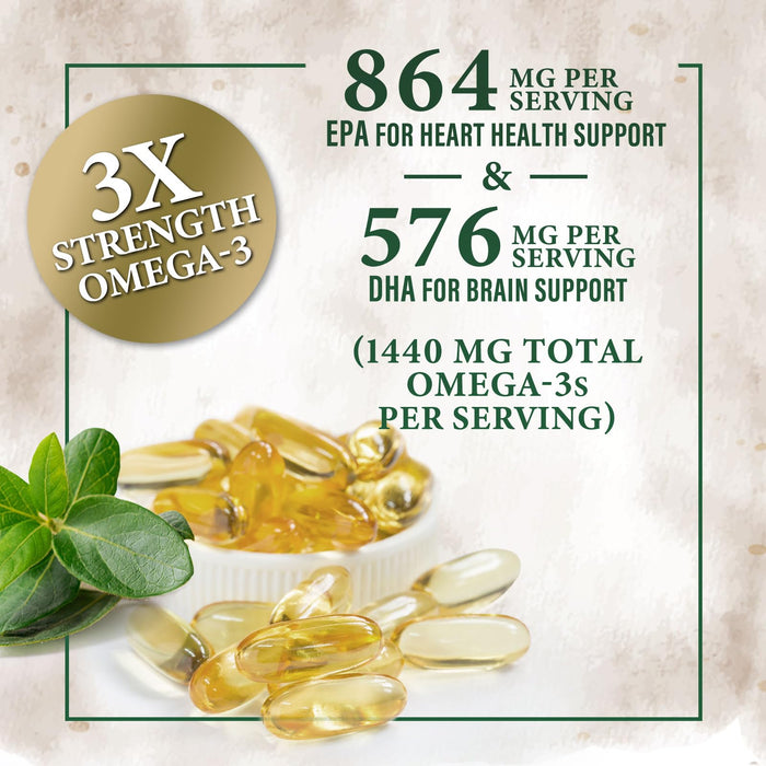 Omega 3 Fish Oil Pills 2400mg - Triple Strength Omega 3 Fish Oil Supplements - Best EPA & DHA Fatty Acids for Brain & Heart Health Support, Nature's Omega3 Supplement, 30 Day Supply - 60 Softgels