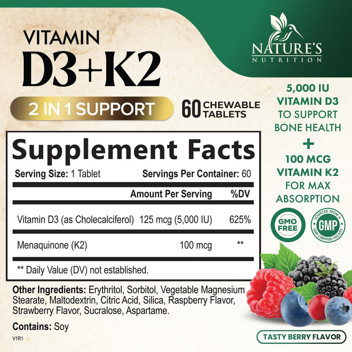 Vitamin D3 K2 Supplement | 5000 IU D3 + K2 100 mcg | MK-7 K2 with Vitamin D | Supports Immune, Heart, Teeth & Bone Health - Nature's Easy to Chew, VIT D3 K2, Non-GMO, Tasty Berry Flavor - 60 Tablets