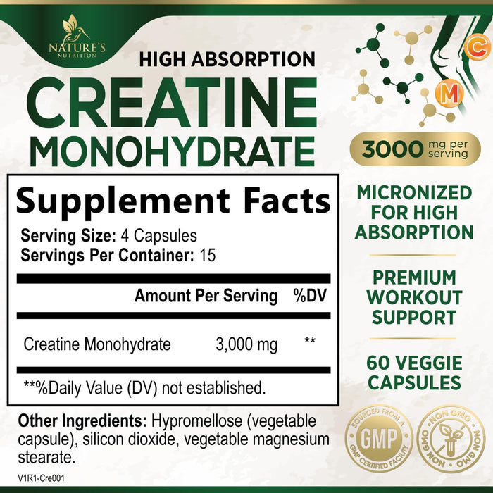 Creatine Monohydrate Capsules 3000mg – Best Micronized Creatine Powder - Supports Lean Muscle, Strength, Energy, & Endurance - Nature's Supplement, Non-GMO, Gluten Free for Women & Men - 60 Capsules