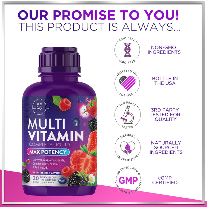 Multivitamin for Women, Men & Kids - Sugar Free & Vegan, Multi Vitamin Liquid & Multimineral, Vitamins A, C, D3, E, B6, B12 & Zinc, Women's Multivitamin & Immune Support, Berry Flavor - 15 Fl Oz