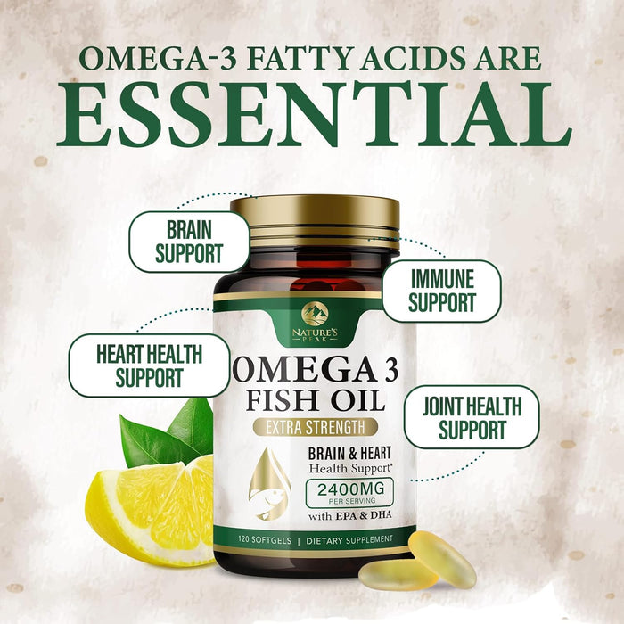 Omega 3 Fish Oil Pills 2400mg - Triple Strength Omega 3 Fish Oil Supplements - Best EPA & DHA Fatty Acids for Brain & Heart Health Support, Nature's Omega3 Supplement, 60 Day Supply - 120 Softgels