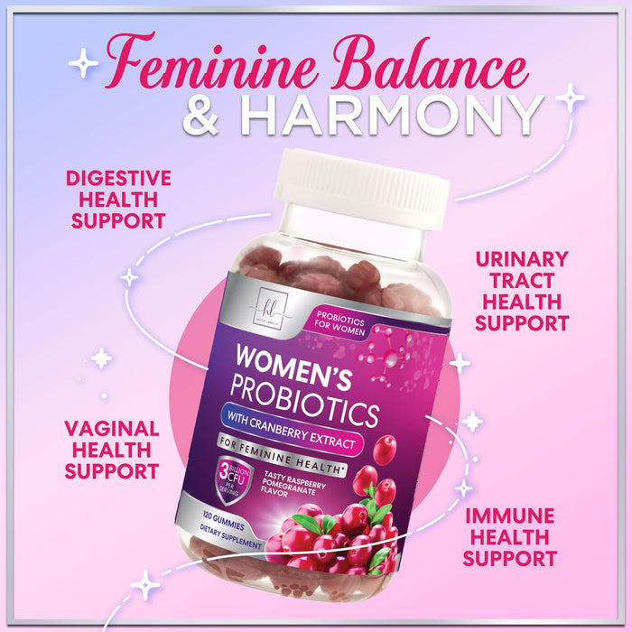 Probiotics for Women Gummies with Cranberry - 6 Premium Strains for PH Balance, Digestive Health, Vaginal & Immune Support, 3 Billion CFU, Women's Probiotic Gummy for Feminine Health - 120 Gummies
