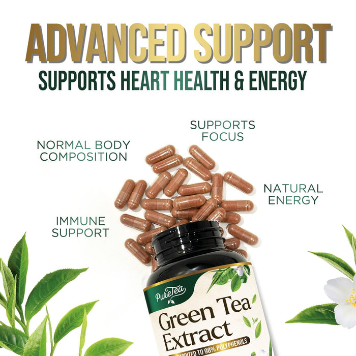 Green Tea Extract Capsules 1000mg with 98% Standardized Polyphenols & 45% EGCG for Heart Support with Antioxidants - 3X Absorption Green Tea Pills for Natural Energy, Gentle Caffeine - 60 Capsules