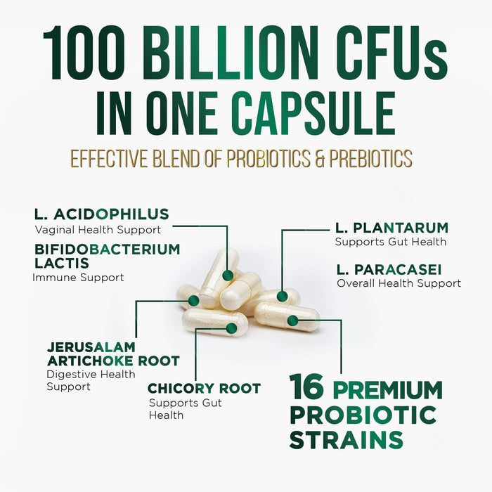 Probiotics for Women's Digestive Health - 100 Billion CFU, 16 Strains with Prebiotics, Supports Immune, Gut Health, PH, Gas & Bloating, Best Probiotic for Women & Men, Shelf Stable - 60 Capsules