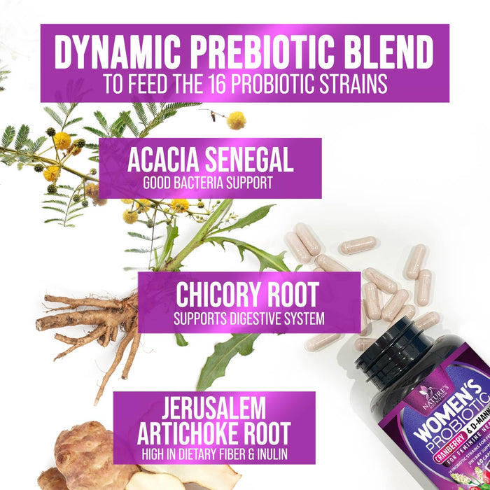 Probiotics for Women 60 Billion CFU - 16 Strains, Prebiotics & Cranberry, PH Balance, Digestive Health, Vaginal & Immune Support, Womens Probiotic for Gut Health, Shelf Stable - 60 Capsules