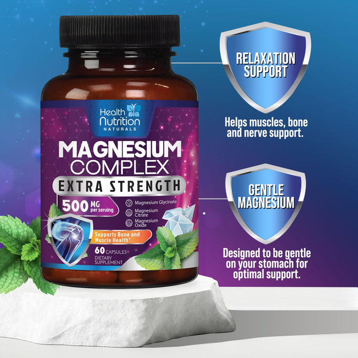 Magnesium Complex Capsules 500 mg with Oxide, Glycinate, Malate, Citrate - High Absorption Complex Chelated Magnesium Mineral Supplements - for Muscle, Bone and Heart Health Support - 60 Capsules