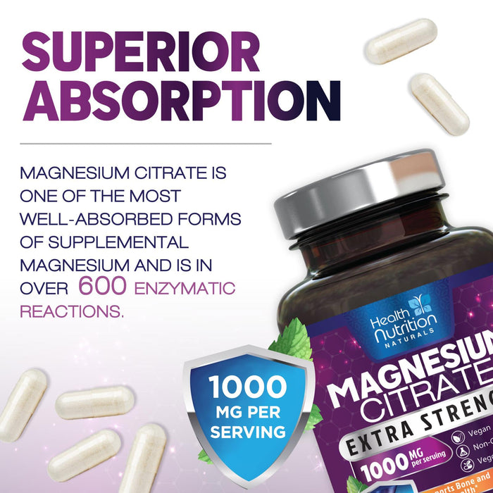 Magnesium Citrate Capsules 1000mg - Max Absorption Magnesium Powder for Muscle, Nerve, Bone and Heart Health Support, High Absorption Citrate Complex, Gluten Free, Non-GMO - 240 Capsules