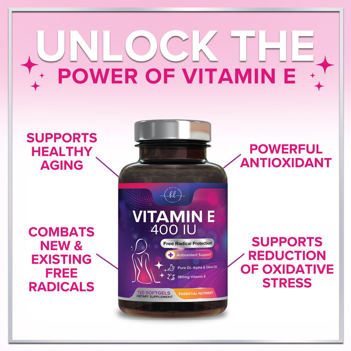 Vitamin E for Women and Men - 180 mg (400 IU) dl-Alpha - Powerful Antioxidant Dietary Supplement - Hair, Skin, & Immune Health Support - Easily Absorbed Form, Non-GMO & Gluten Free - 120 Softgels