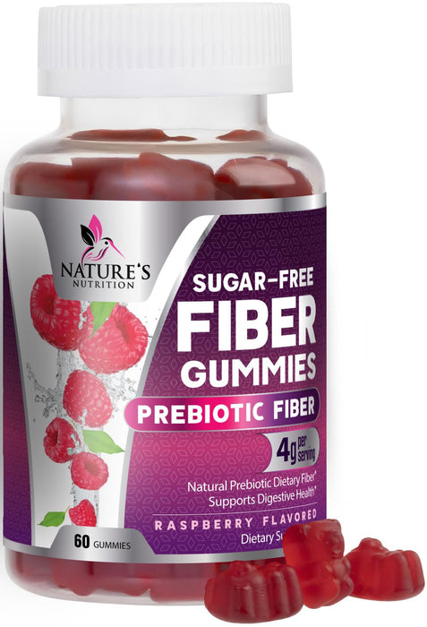 Prebiotic Fiber Gummies - Sugar Free 4g Gummy Fiber Supplement for Adults Digestive Health & Regularity Support - Natural Raspberry Flavor, Plant Based Blend, Non-GMO & Gluten Free - 60 Gummies
