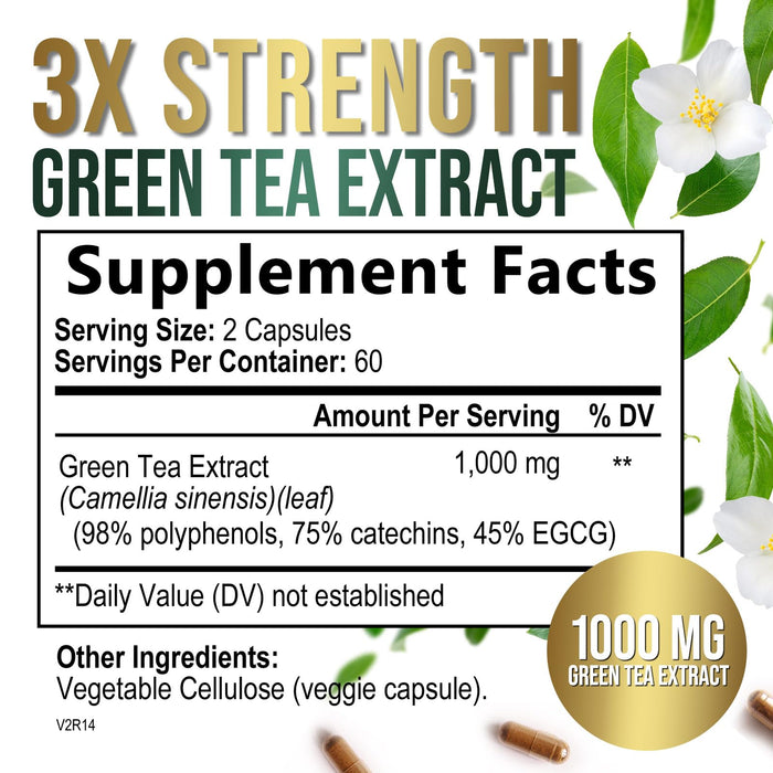 Green Tea Extract Capsules 1000mg with 98% Standardized Polyphenols & 45% EGCG for Heart Support with Antioxidants - 3X Absorption Green Tea Pills for Natural Energy, Gentle Caffeine - 120 Capsules