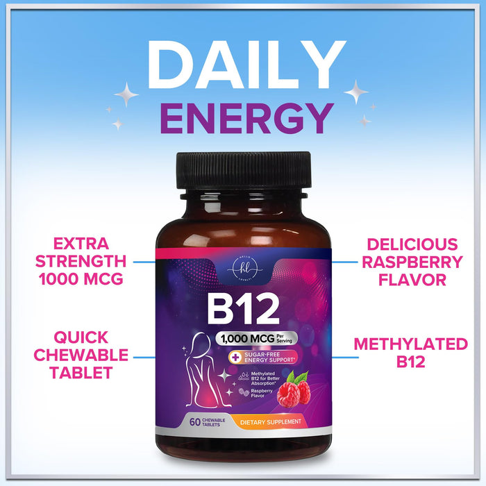 B 12 Vitamin Chewables 1000 mcg - B12 Complex with Heart & Nerve Energy Health Support - Vitamin B-12 Complex for Adults with Immune Health Support - Gluten & Sugar Free - 60 Chewables