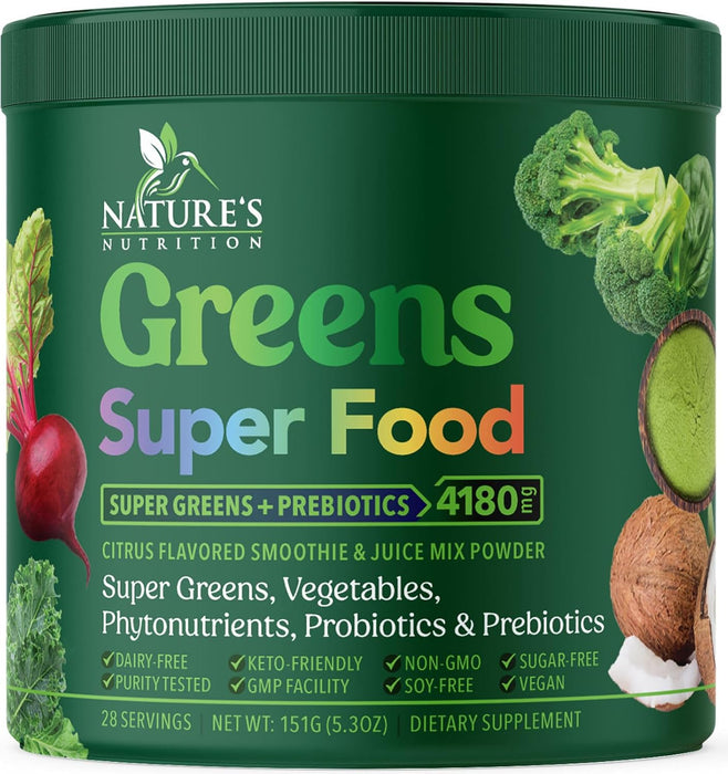 Greens Superfood Powder - Original Organic Super Greens Juice Powder - Packed with Probiotics, Wheat Grass, Enzymes, Spirulina, Chlorella for Digestive & Gut Health, Smoothie Drink Mix - 28 Servings