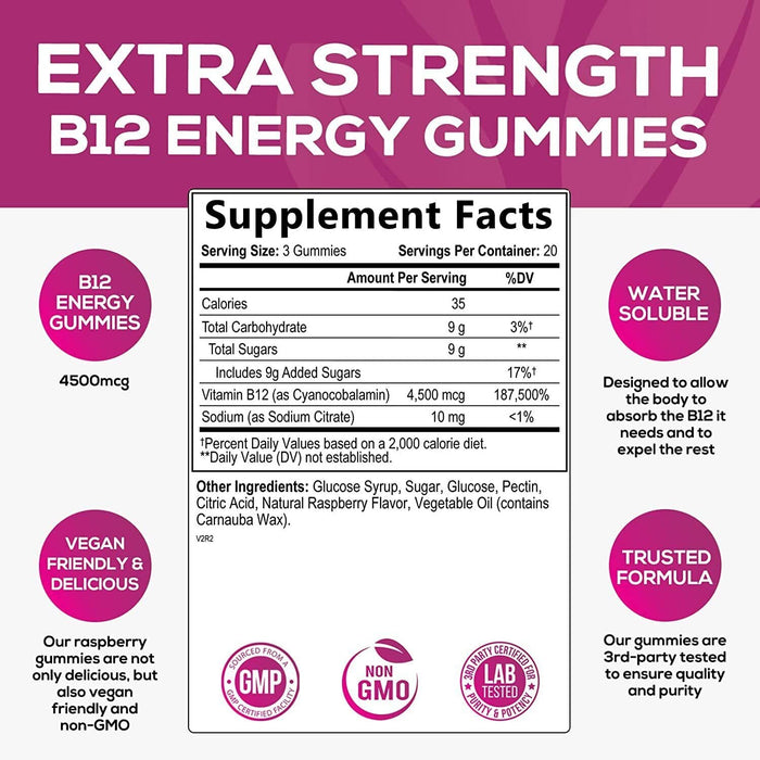 B-12 Vitamin Energy Gummies - 4500mcg Extra Strength B12 Gummy Chewables for Energy Metabolism & Immune Support - Dietary Supplement for Women, Men, & Kids - Non-GMO, Vegan, Berry Flavor - 60 Count
