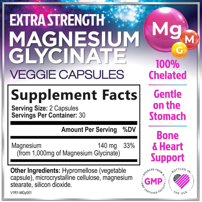 Magnesium Glycinate 1000mg | High Absorption | Chelated to Support Bone, Muscle, Nerves & Heart Health | Natural Sleep & Stress Support Women & Men | Vegan, Gluten & Soy Free, Non-GMO | 60 Capsules