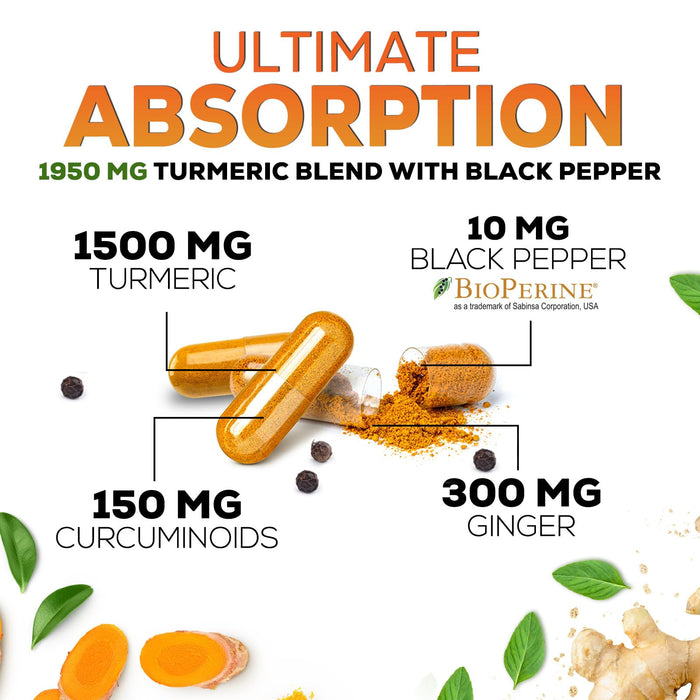 Turmeric Curcumin Supplement 1950mg - 95% Curcuminoids with Organic Turmeric & Ginger, BioPerine Black Pepper for Best Absorption, Nature's Vegan Joint Support, Non-GMO, Bottled in USA - 60 Capsules