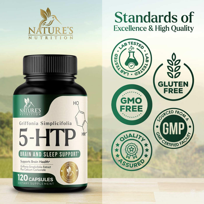 5 HTP 200mg Capsules Vegetarian Supplement - 5HTP Plus Calcium for Brain Support - Extra Strength Griffonia Simplicifolia 5-HTP Formula - 5 Hydroxytryptophan - Gluten Free & Non-GMO - 120 Capsules