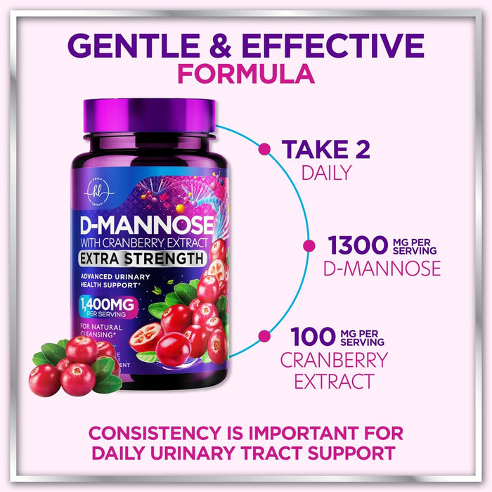 Organic D Mannose 1300mg per Serving Supplements - Extra Strength D-Mannose Capsules with Cranberry - for Natural Gentle Cleansing & Urinary Tract Health Support - Bottled in USA - 120 Capsules