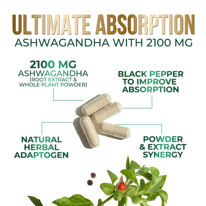 Ashwagandha Capsules for Women & Men - 2100mg Ashwagandha Supplement, Natural Antioxidant Support, Ashwa Root Extract, Extra Strength Calm Support with Black Pepper, Vegan & Gluten Free - 60 Capsules
