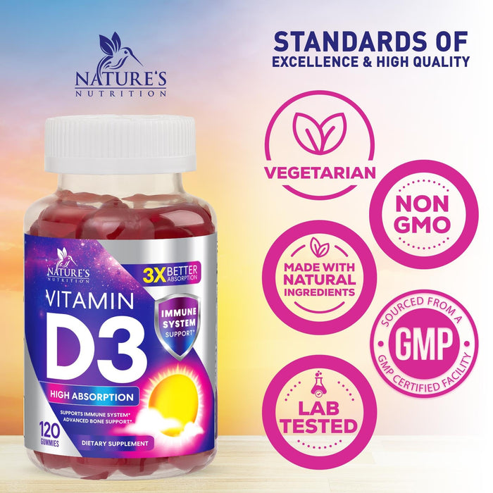 Vitamin D3 Supplement Gummy 5000 IU (125 mcg) Dietary Vitamins D for Men & Women - Bone, Teeth, Muscle & Immune Health Support, High Potency VIT D3 Nature's Non-GMO & Gluten Free - 120 Gummies