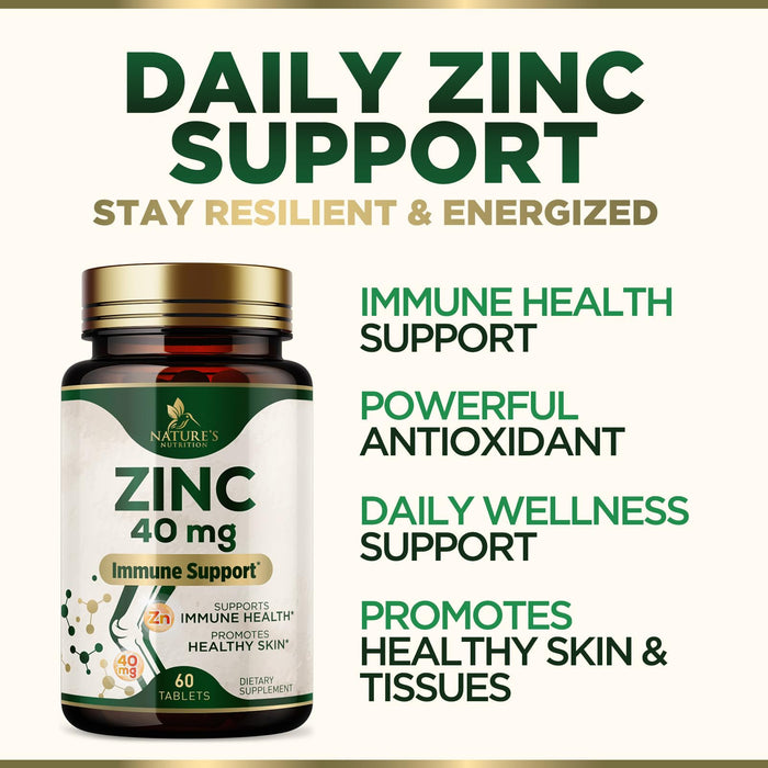 Zinc 40mg Supplements for Women and Men, Supplement for Immune Health Support, Skin Health Support, & Antioxidant Supplement for Adults with Zinc Gluconate 40 mg, High Potency, Non-GMO - 60 Tablets
