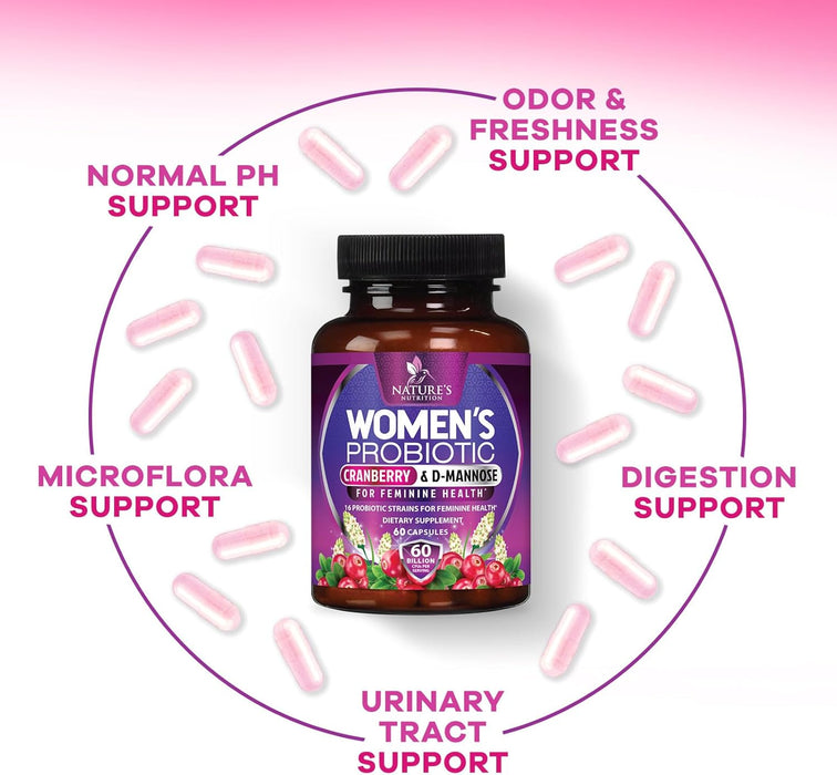 Probiotics for Women 60 Billion CFU - 16 Strains, Prebiotics & Cranberry, PH Balance, Digestive Health, Vaginal & Immune Support, Womens Probiotic for Gut Health, Shelf Stable - 60 Capsules