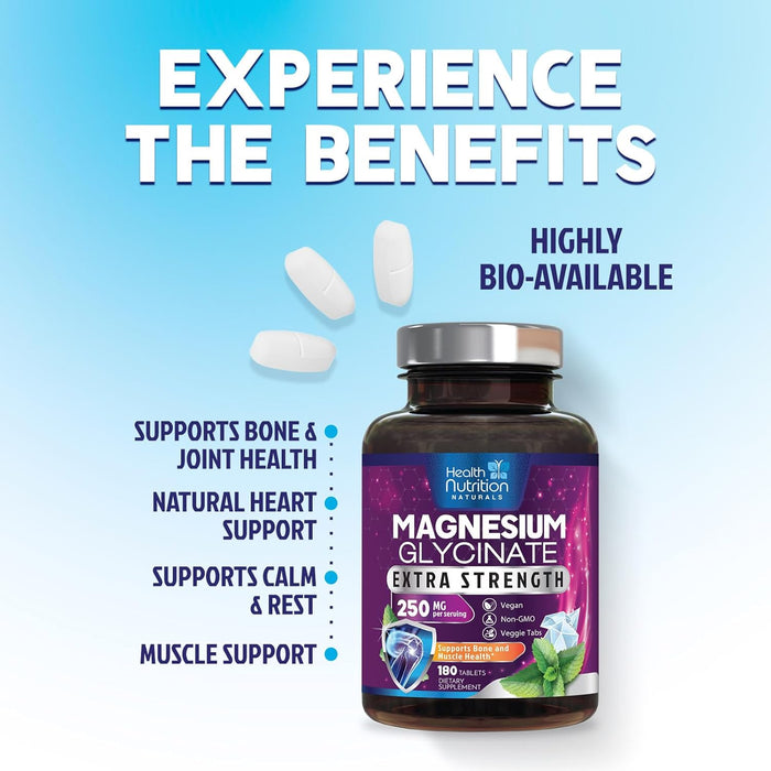 Magnesium Glycinate 250mg - 100% Chelated Magnesium for Max Absorption - Sleep Support, Muscle, Nerves, Bone & Heart Health Support, Best Mag Supplement, Vegan Non-GMO, 3rd Party Tested - 180 Tablets