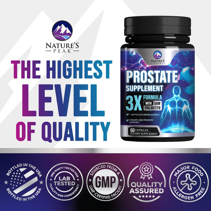 Prostate Health Supplements for Men - Support Complex 3x Formula with Saw Palmetto Blend Stinging Nettle Root & Pumpkin Seed Extract - Supports Bathroom Trips Prostate & Urinary Health - 60 Capsules
