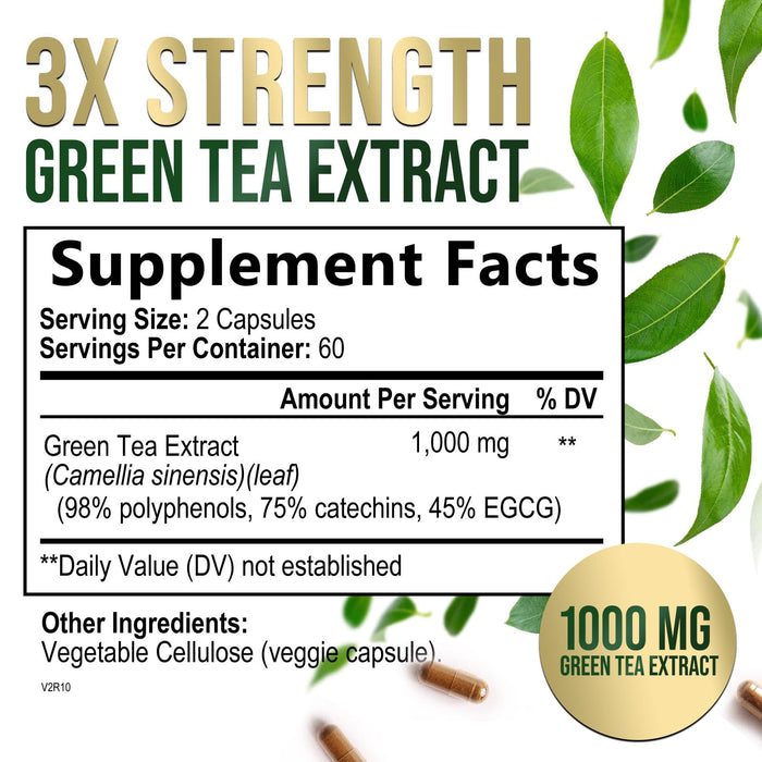 Green Tea Extract Capsules 1000mg 98% Standardized EGCG - 3X Strength for Natural Energy - Heart Support with Polyphenols - Gentle Caffeine - 120 Capsules