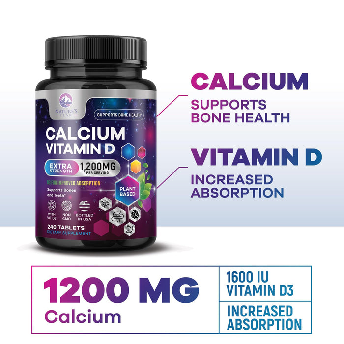 Calcium 1200 mg with Vitamin D3, Calcium Supplement Vitamins, Bone, Teeth & Immune Health Support, Calcium Supplements with D for Women & Men, Nature's Absorbable Calcium Carbonate - 240 Tablets