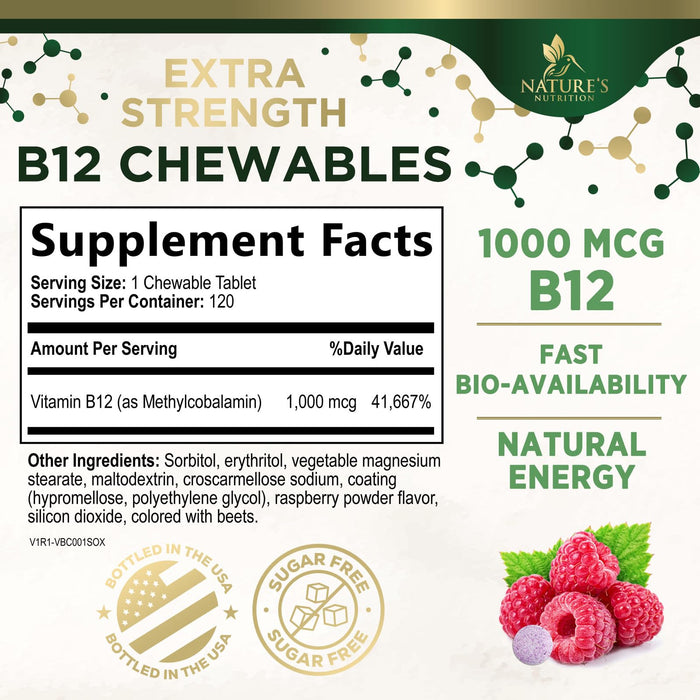 Vitamin B12 (Methylcobalamin) 1000 mcg - Chewable Tablet for Energy, Nervous System & Brain Support - Maximum Strength, Fast Dissolve, Vegan, Gluten-Free, Non-GMO for Women & Men - 120 Tablets