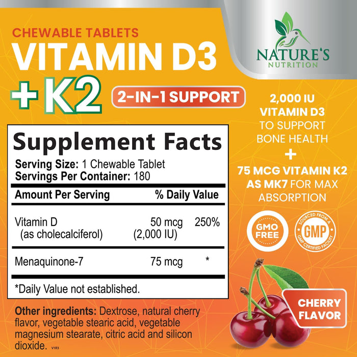 Vitamin D3 K2 2000 IU Plus with K2 (MK-7) 75 mcg - Vitamins D & K Complex Supplement for Bone, Teeth, Muscle, Calcium Absorption, Supports Immune & Heart Health, Non-GMO Chewable Formula - 180 Tablets