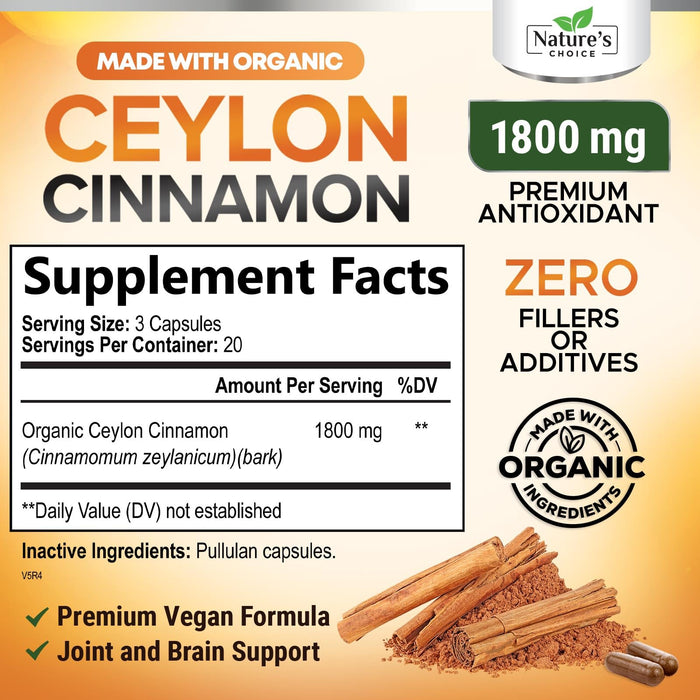 Ceylon Cinnamon Capsules 1800mg - Certified Organic Cinnamon, Bottled in USA, & Pure Extra Strength Ceylon Cinnamon Supplement, Antioxidant Pills, Non-GMO & Gluten Free, Sugar Free - 60 Capsules