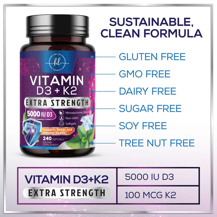 Vitamin D3 K2 - Vitamin D3 (5000 iu) & 100 mcg Vitamin K2 (MK-7) Complex for Immune Support & Bone, Teeth & Muscle Health - Easy to Swallow, Gluten Free, Non-GMO, Bottled in USA - 240 Softgels