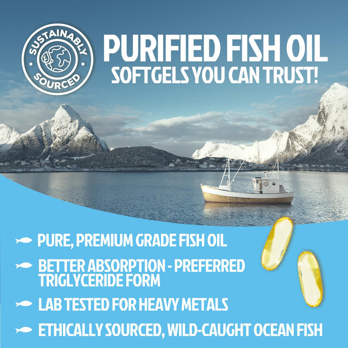 Omega 3 Fish Oil 2400 mg - Triple Strength Omega3, EPA & DHA Fatty Acids Supplement - Natural Support for Immune, Heart & Brain Health - Wild Caught, Non-GMO, Lemon Flavor, Burpless - 180 Softgels