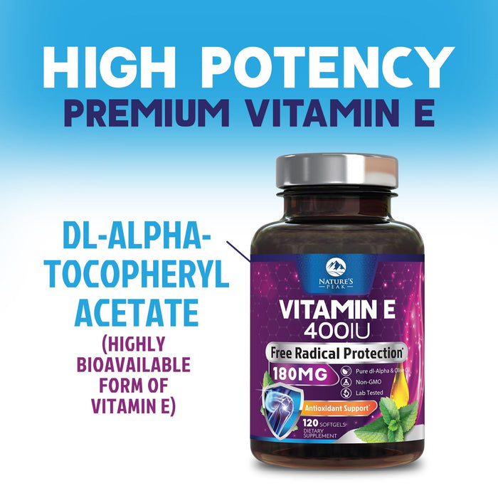 E Vitamin for Women and Men - 180 mg (400 IU) dl-Alpha - Effective Antioxidant Dietary Supplement - Hair, Skin, & Immune Health Support - Easily Absorbed Form, Non-GMO & Gluten Free - 120 Softgels