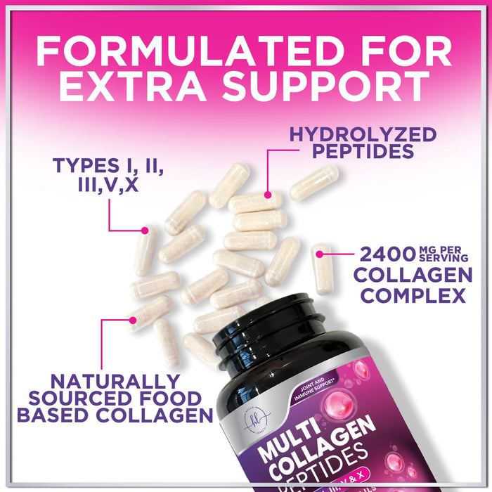 Multi Collagen Peptides Supplement - Hydrolyzed Types I, II, III, V & X Multi Collagen Pills, Hydrolyzed Collagen Peptides Supplements, Hair, Skin, Nail, and Joint Support Supplement, 120 Capsules