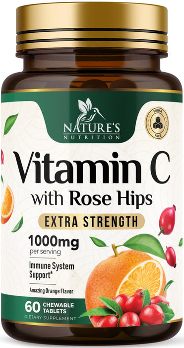 Vitamin C Chewable 1000mg - Extra Strength Antioxidants for Powerful Immune Support w/Vitamin C & Rose HIPS - Potent Dietary VIT C Chews Supplement, Natural, Vegan, Gluten-Free, Non-GMO - 60 Tablets