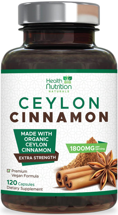 Ceylon Cinnamon Capsules 1800mg - Certified Organic Ceylon Cinnamon Powder Supplement, Bottled in USA, Extra Strength Energy & Heart Support Pills, Non-GMO & Gluten Free, Sugar Free - 120 Capsules