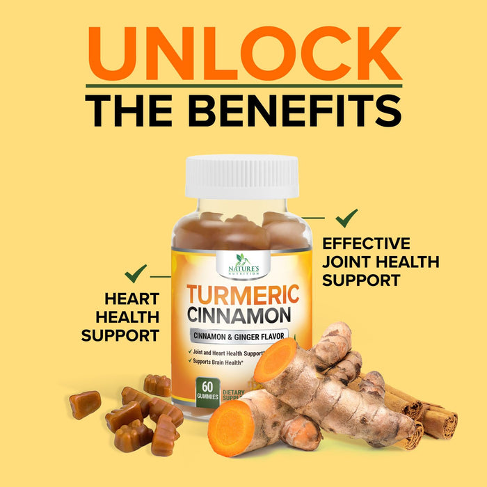 Turmeric Curcumin Supplement Gummies with Ginger & Cinnamon, 95% Curcuminoids Turmeric Curcumin Gummy with Black Pepper for Best Absorption, Nature's Vegan Joint Support Tumeric, Non-GMO, 60 Gummies