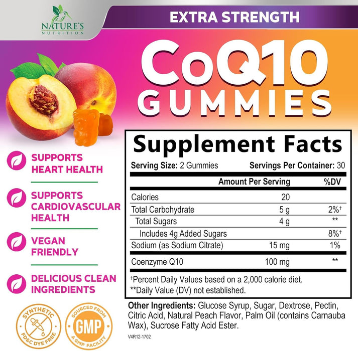 Nature's Nutrition CoQ10 Gummies 100mg – High Absorption Coenzyme Q10 Supplement for Heart Health, Energy & Antioxidant Support – Peach Flavor Gummy, Vegan, Non-GMO, Gluten Free – 60 Count